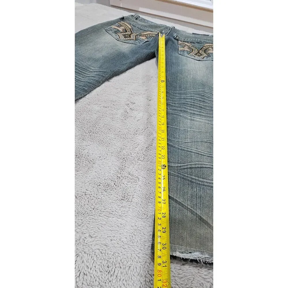Raw Blue Jeans, Rare, Vintage, Y2K, Embroidered, Streetwear, Mens Size 32/32
